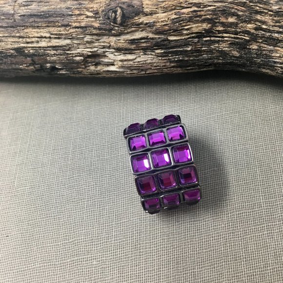 Expandable Purple Faceted Acrylic Tiny Square Pewter Tone Bar Wide Stretch Ring - Picture 9 of 16